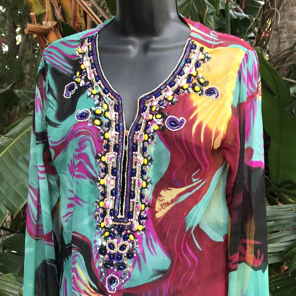 Beaded goddess intricately beaded sheer tunicOr cover-up